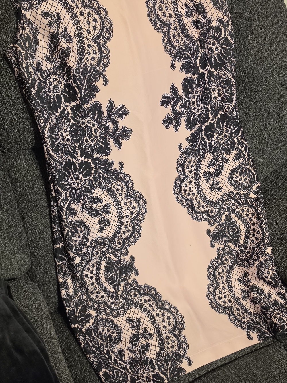 Dress Barn Blush Pink Sheath Dress with Black Lace Overlay